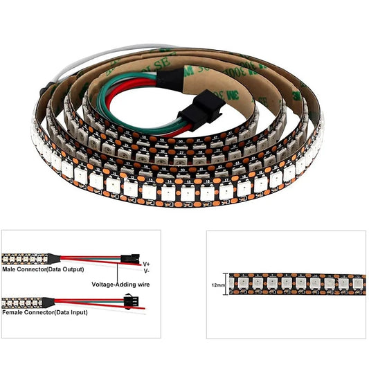 WS2812B 144 LEDs/m RGB Addressable LED Pixel Strip Light 5V DC Programmable