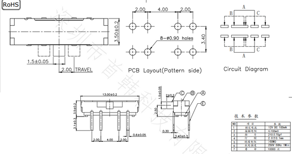 MSK23D18G2 Mini Through Hole Slide Switch 8 Pin